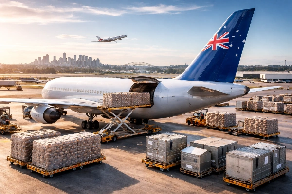 Australian air cargo operations at an Australian airport with cargo aircraft, palletised freight, ground handling equipment, and interstate shipment loading
